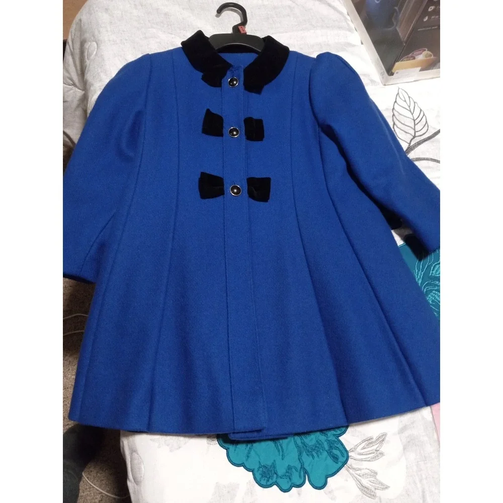 Vintage Young Gallery Blue Wool Coat with Velvet Bows and Matching Hat Kids sz 6